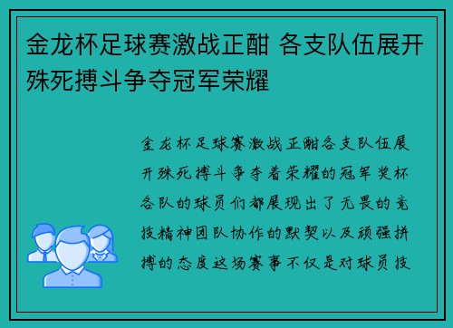 金龙杯足球赛激战正酣 各支队伍展开殊死搏斗争夺冠军荣耀