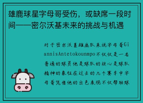 雄鹿球星字母哥受伤，或缺席一段时间——密尔沃基未来的挑战与机遇