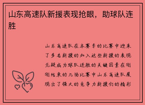 山东高速队新援表现抢眼，助球队连胜