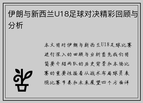 伊朗与新西兰U18足球对决精彩回顾与分析