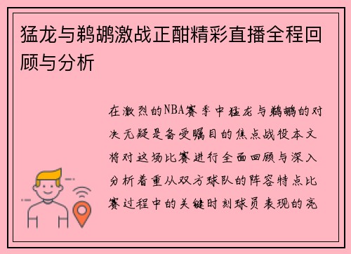 猛龙与鹈鹕激战正酣精彩直播全程回顾与分析
