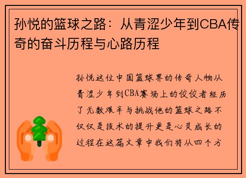 孙悦的篮球之路：从青涩少年到CBA传奇的奋斗历程与心路历程