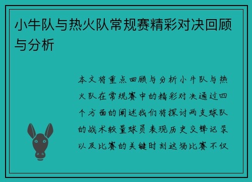 小牛队与热火队常规赛精彩对决回顾与分析