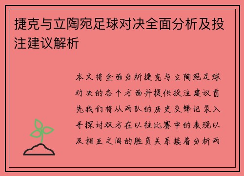 捷克与立陶宛足球对决全面分析及投注建议解析