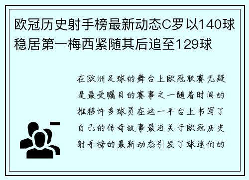 欧冠历史射手榜最新动态C罗以140球稳居第一梅西紧随其后追至129球