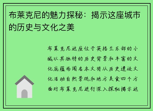 布莱克尼的魅力探秘：揭示这座城市的历史与文化之美