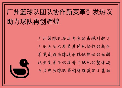 广州篮球队团队协作新变革引发热议助力球队再创辉煌