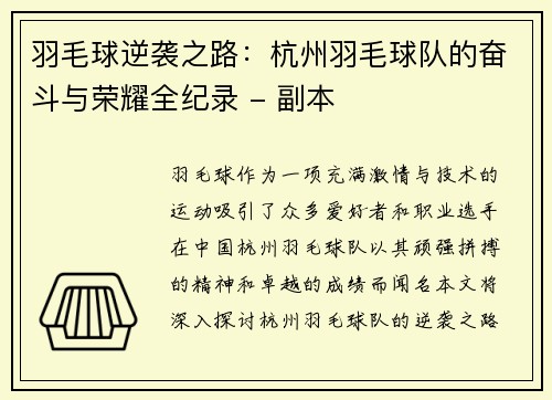 羽毛球逆袭之路：杭州羽毛球队的奋斗与荣耀全纪录 - 副本